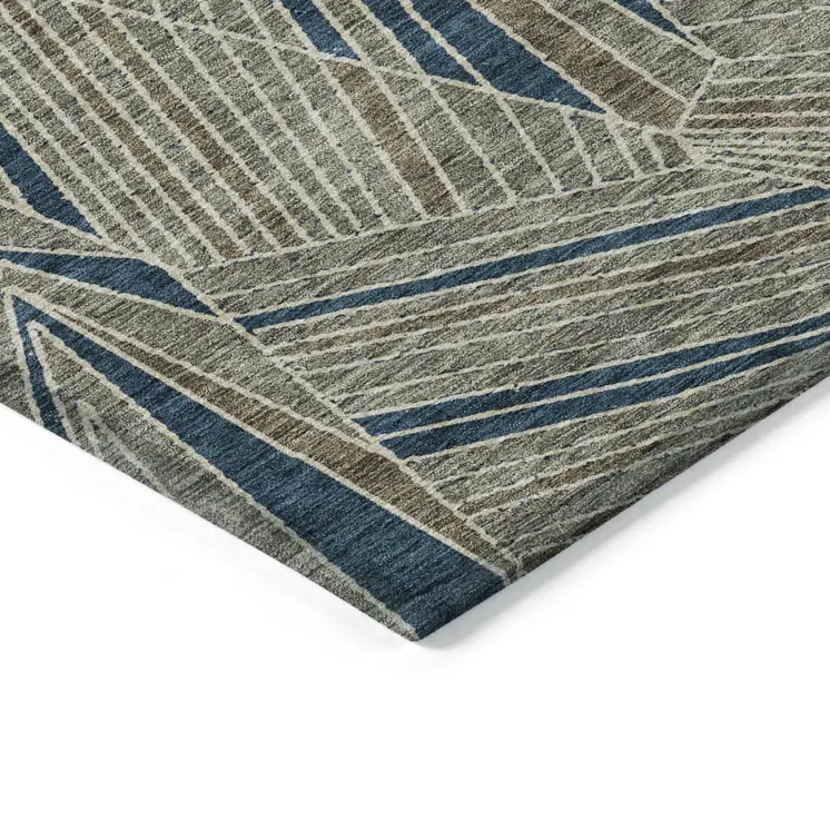 10' X 14' Taupe Blue And Beige Geometric Washable Indoor Outdoor Area Rug