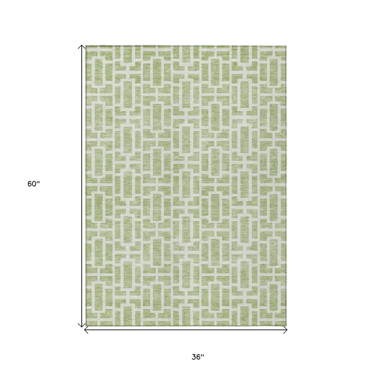 3' X 5' Artichoke Green And Ivory Geometric Washable Indoor Outdoor Area Rug