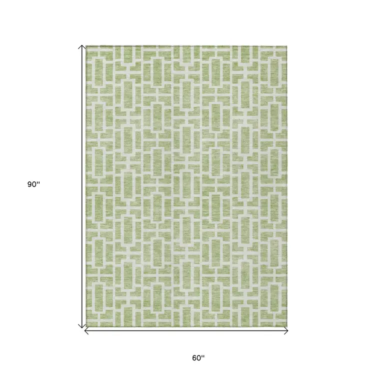 5' X 8' Artichoke Green And Ivory Geometric Washable Indoor Outdoor Area Rug