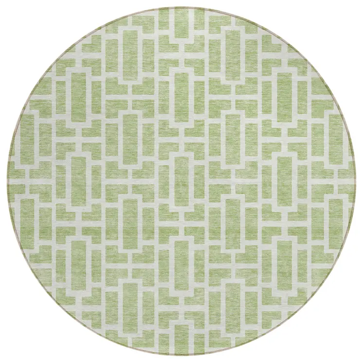 8' Artichoke Green And Ivory Round Geometric Washable Indoor Outdoor Area Rug