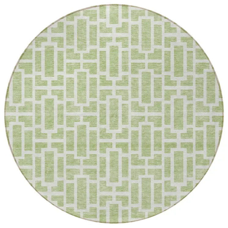 8' Artichoke Green And Ivory Round Geometric Washable Indoor Outdoor Area Rug