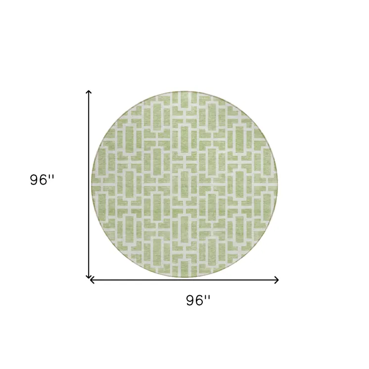 8' Artichoke Green And Ivory Round Geometric Washable Indoor Outdoor Area Rug