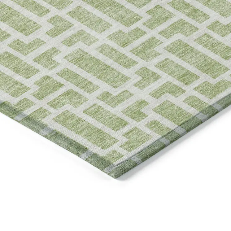 8' X 10' Artichoke Green And Ivory Geometric Washable Indoor Outdoor Area Rug