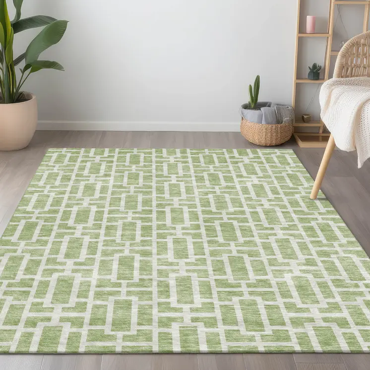 10' X 14' Artichoke Green And Ivory Geometric Washable Indoor Outdoor Area Rug