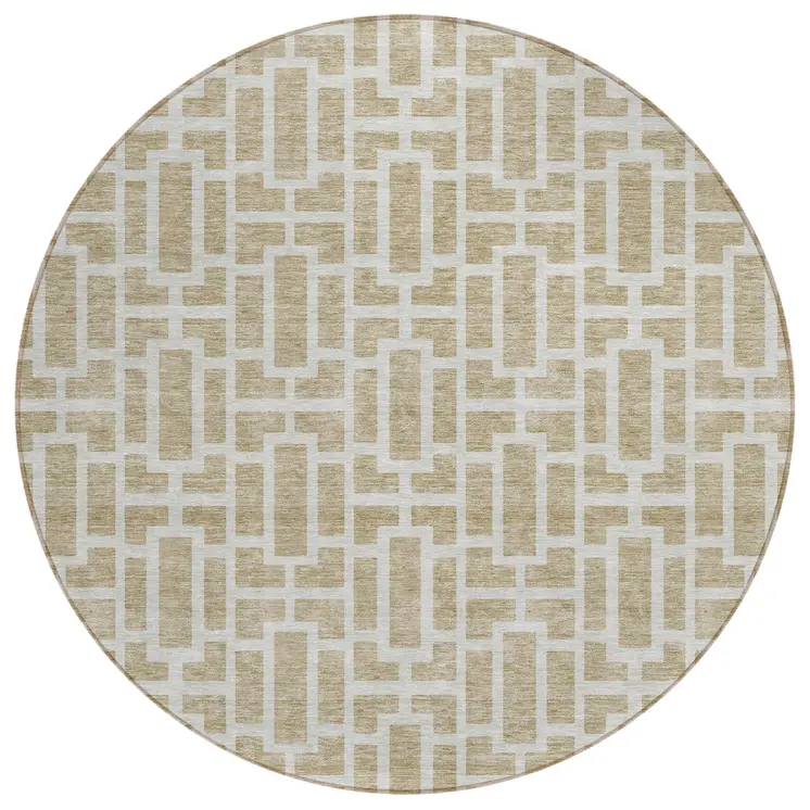 8' Beige And Brown Round Geometric Washable Indoor Outdoor Area Rug