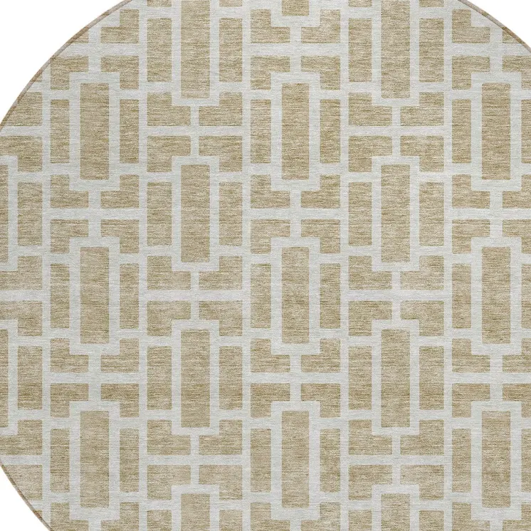 8' Beige And Brown Round Geometric Washable Indoor Outdoor Area Rug