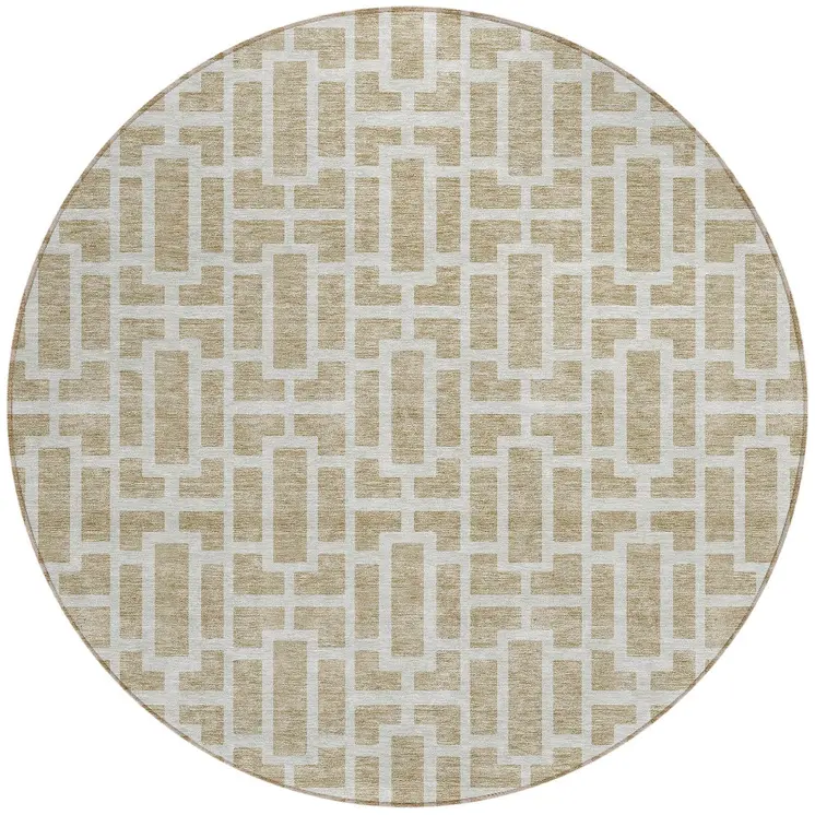 8' Beige And Brown Round Geometric Washable Indoor Outdoor Area Rug