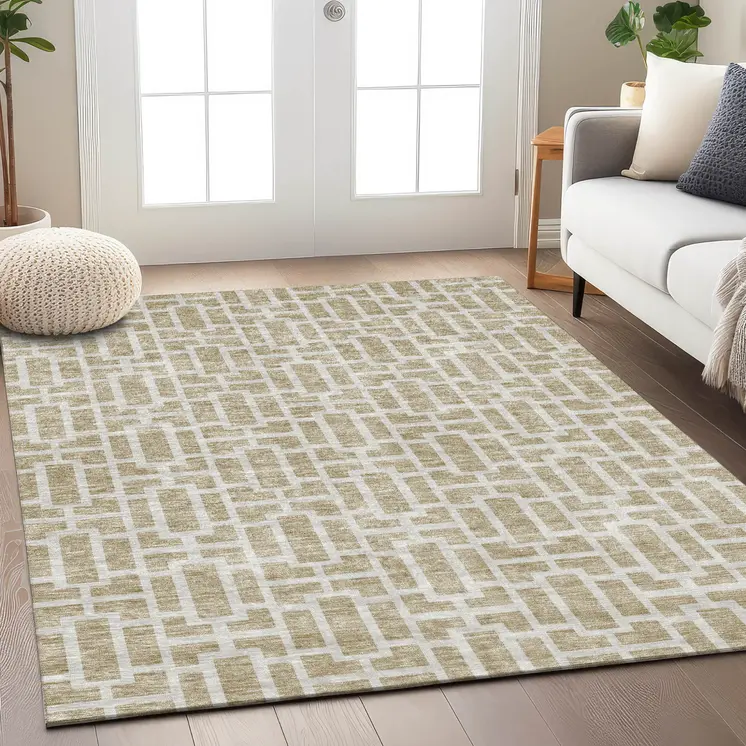 8' X 10' Beige And Brown Geometric Washable Indoor Outdoor Area Rug