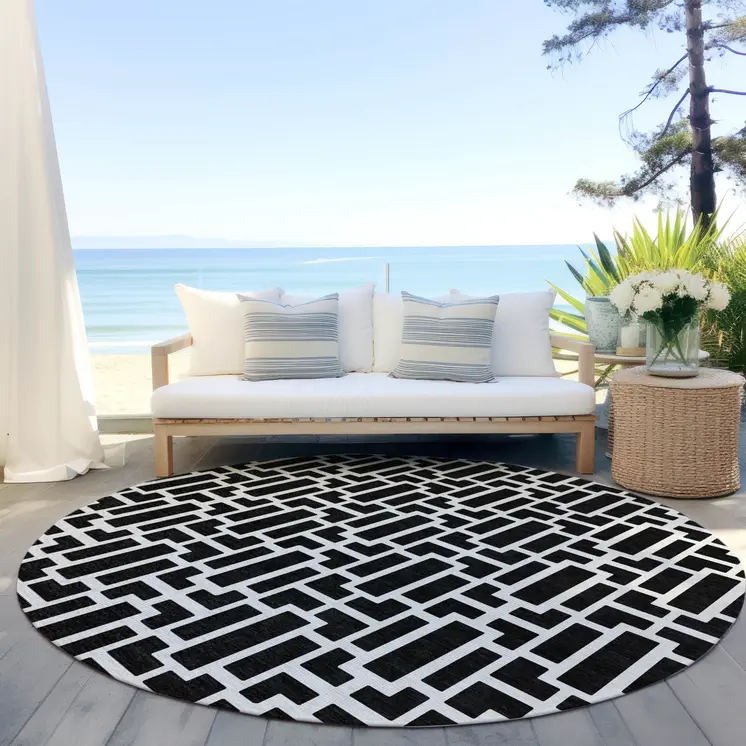 8' Black And Ivory Round Geometric Washable Indoor Outdoor Area Rug