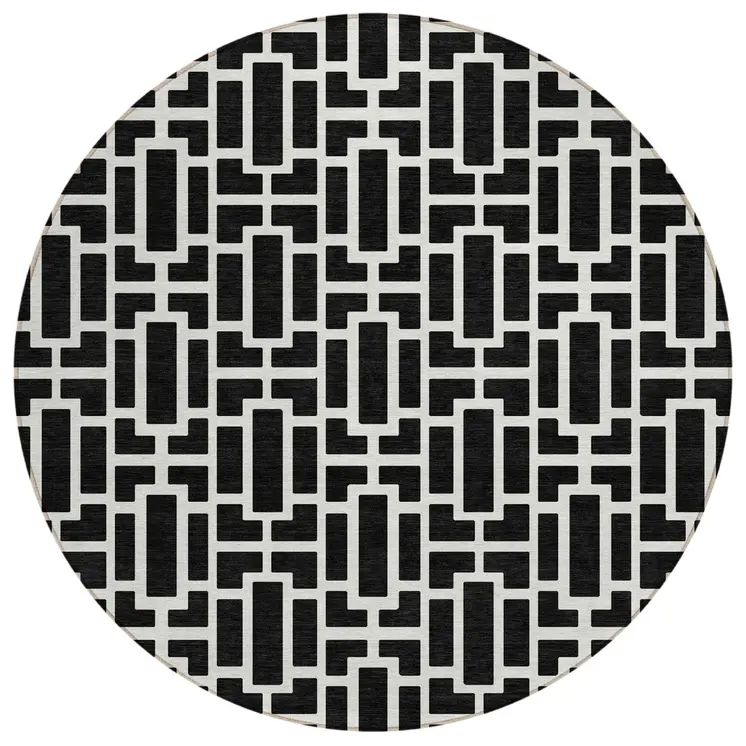 8' Black And Ivory Round Geometric Washable Indoor Outdoor Area Rug