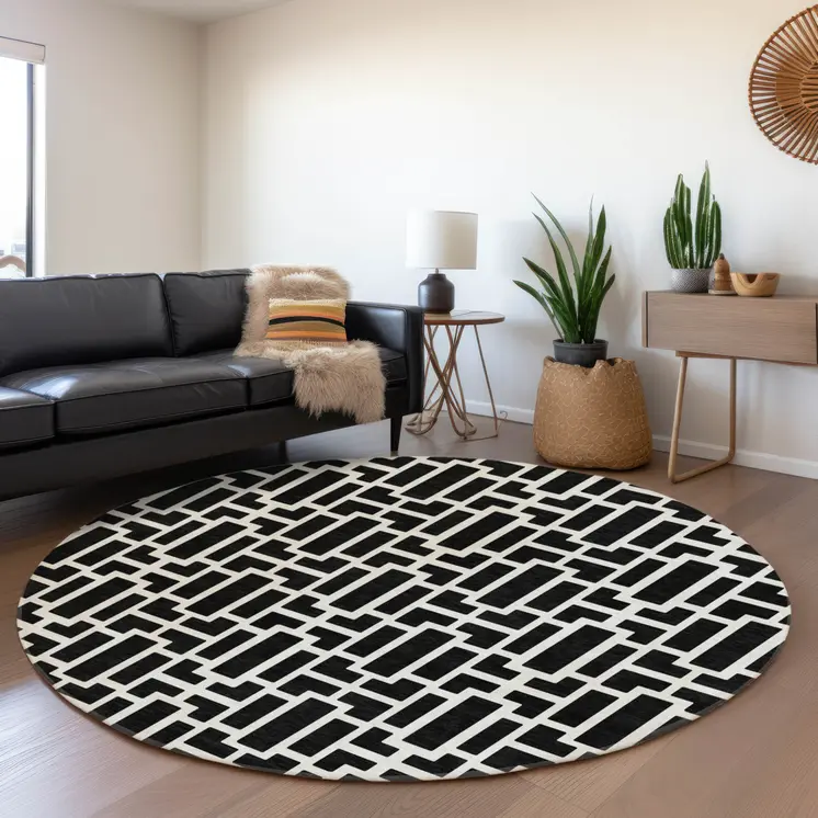 8' Black And Ivory Round Geometric Washable Indoor Outdoor Area Rug