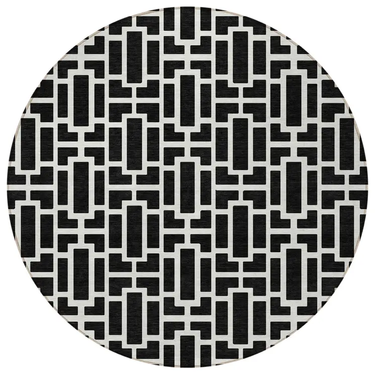 8' Black And Ivory Round Geometric Washable Indoor Outdoor Area Rug