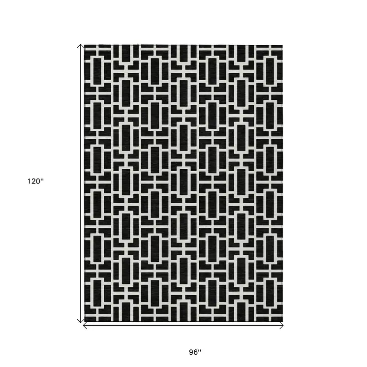 8' X 10' Black And Ivory Geometric Washable Indoor Outdoor Area Rug