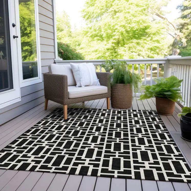 8' X 10' Black And Ivory Geometric Washable Indoor Outdoor Area Rug