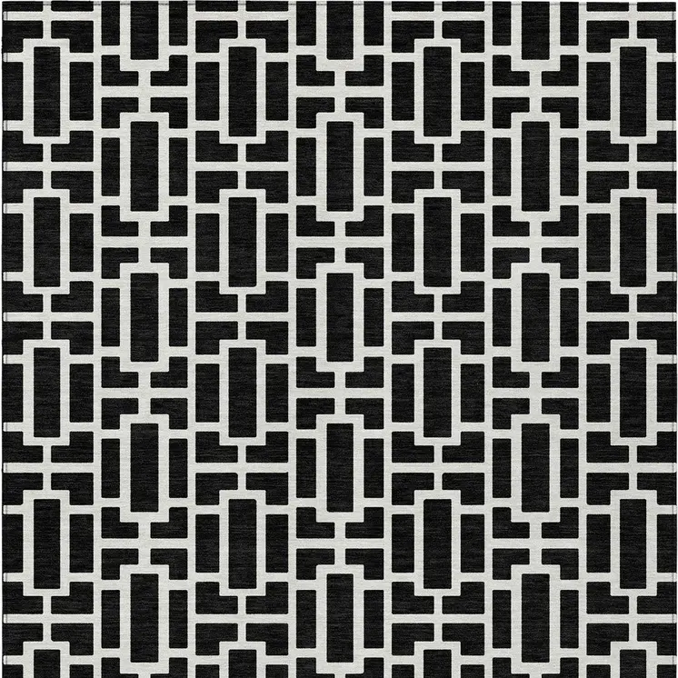 9' X 12' Black And Ivory Geometric Washable Indoor Outdoor Area Rug