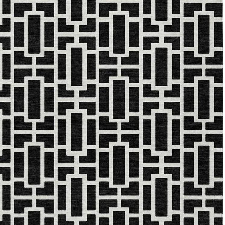 9' X 12' Black And Ivory Geometric Washable Indoor Outdoor Area Rug