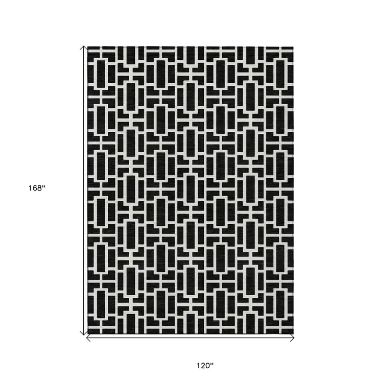 10' X 14' Black And Ivory Geometric Washable Indoor Outdoor Area Rug