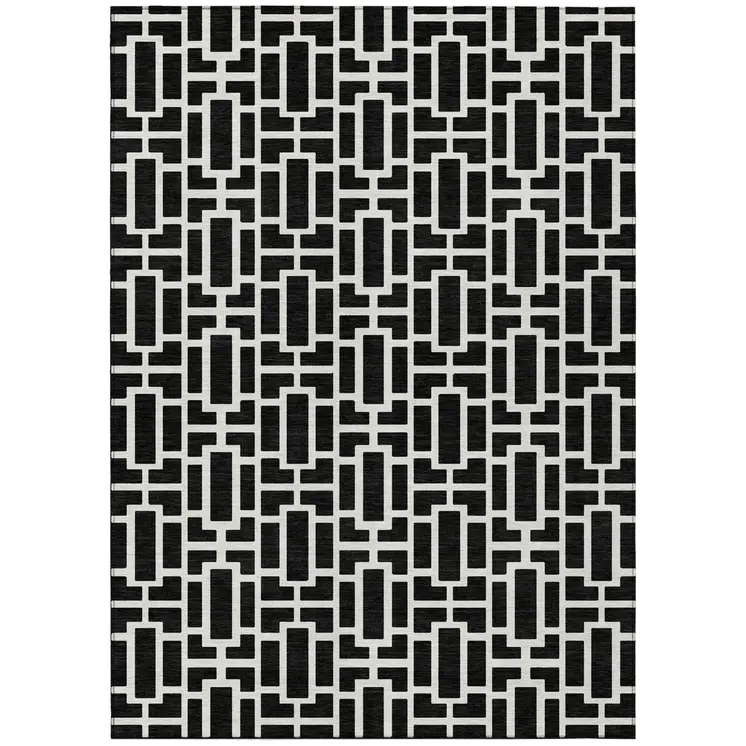 10' X 14' Black And Ivory Geometric Washable Indoor Outdoor Area Rug