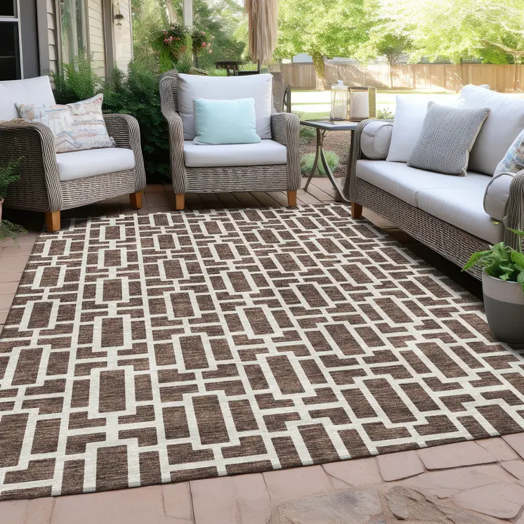 3' X 5' Brown And Beige Geometric Washable Indoor Outdoor Area Rug