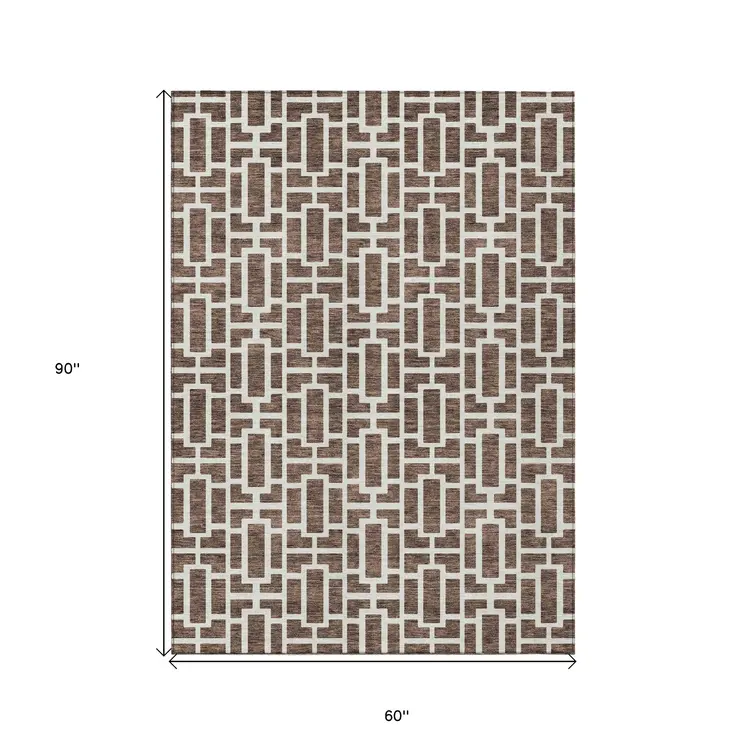 5' X 8' Brown And Beige Geometric Washable Indoor Outdoor Area Rug
