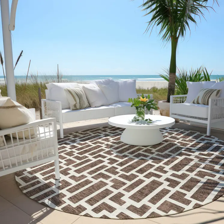 8' Brown And Beige Round Geometric Washable Indoor Outdoor Area Rug