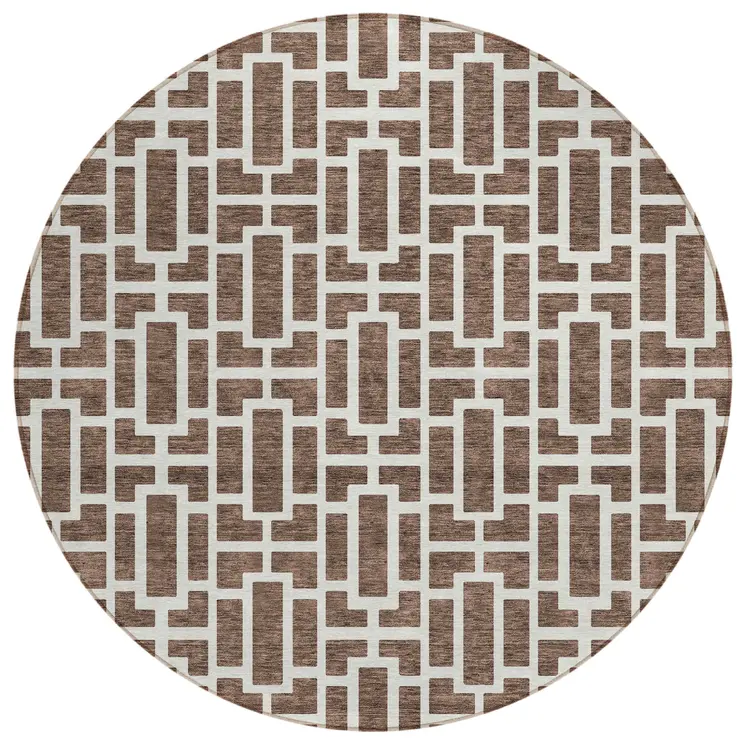 8' Brown And Beige Round Geometric Washable Indoor Outdoor Area Rug