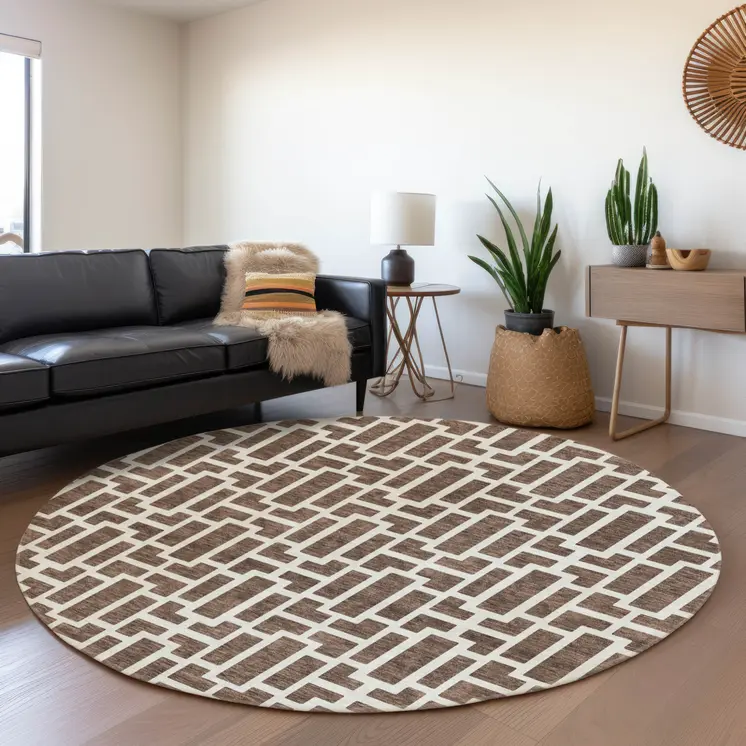 8' Brown And Beige Round Geometric Washable Indoor Outdoor Area Rug