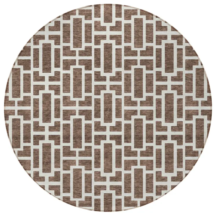8' Brown And Beige Round Geometric Washable Indoor Outdoor Area Rug