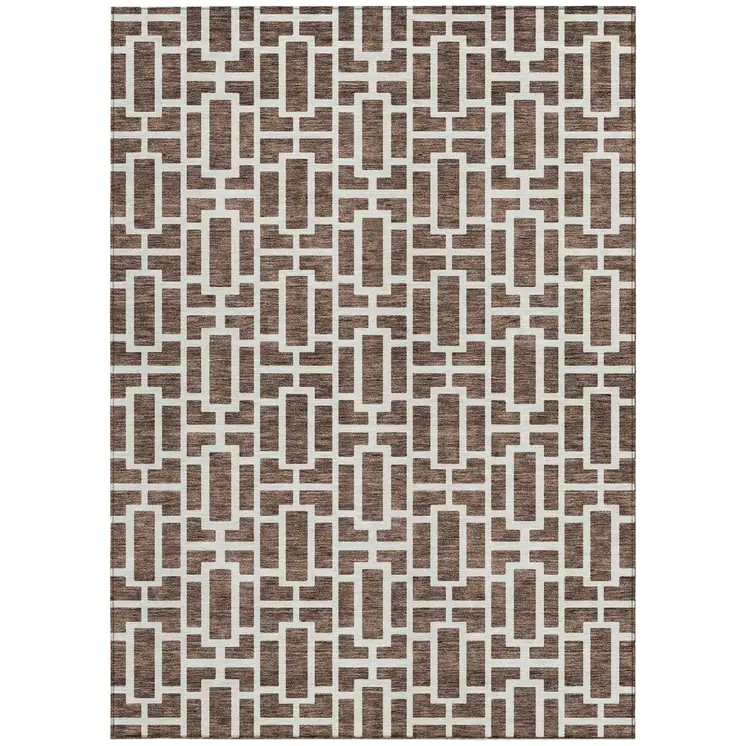 9' X 12' Brown And Beige Geometric Washable Indoor Outdoor Area Rug