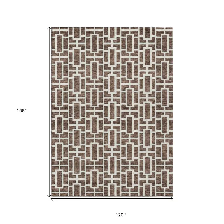 10' X 14' Brown And Beige Geometric Washable Indoor Outdoor Area Rug