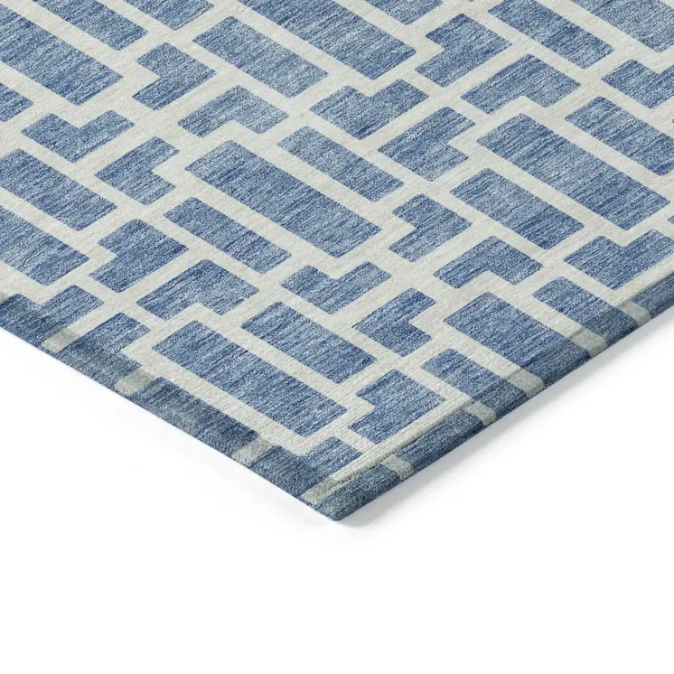 3' X 5' Denim Blue And Ivory Geometric Washable Indoor Outdoor Area Rug