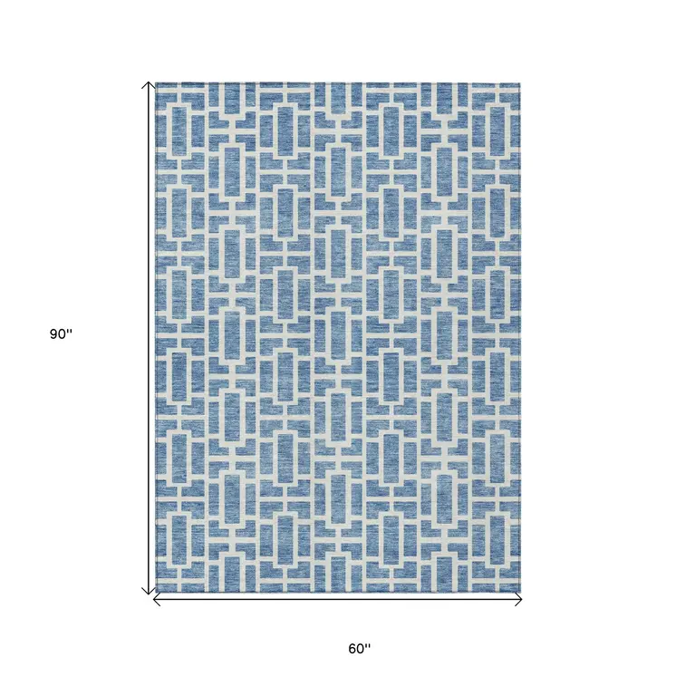 5' X 8' Denim Blue And Ivory Geometric Washable Indoor Outdoor Area Rug