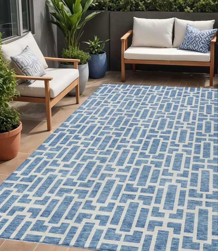 5' X 8' Denim Blue And Ivory Geometric Washable Indoor Outdoor Area Rug