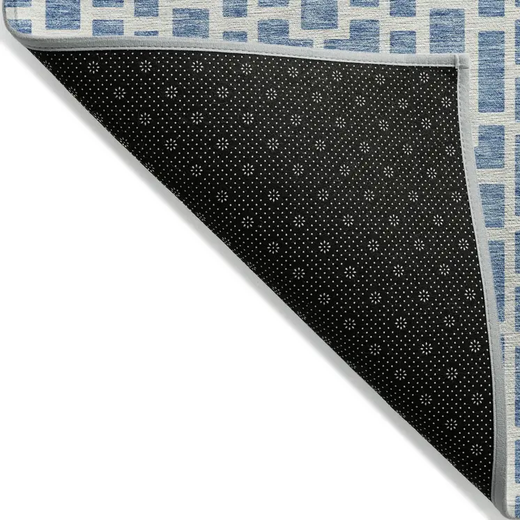 5' X 8' Denim Blue And Ivory Geometric Washable Indoor Outdoor Area Rug