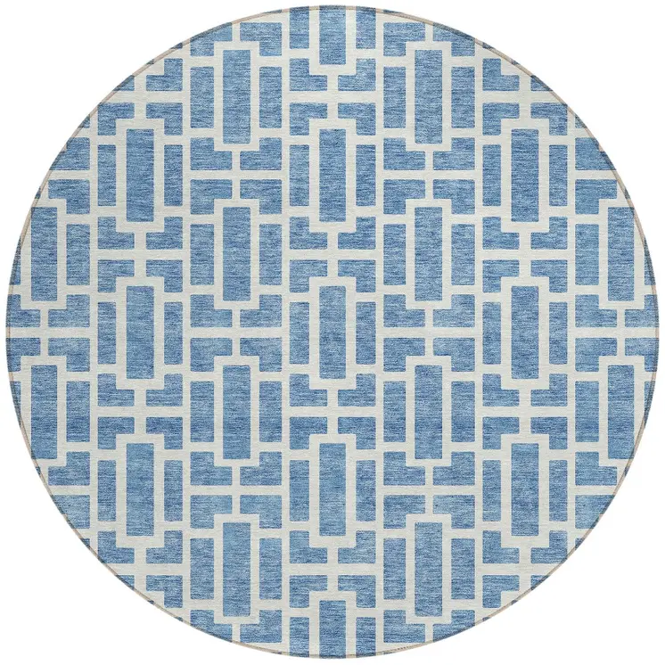 8' Denim Blue And Ivory Round Geometric Washable Indoor Outdoor Area Rug