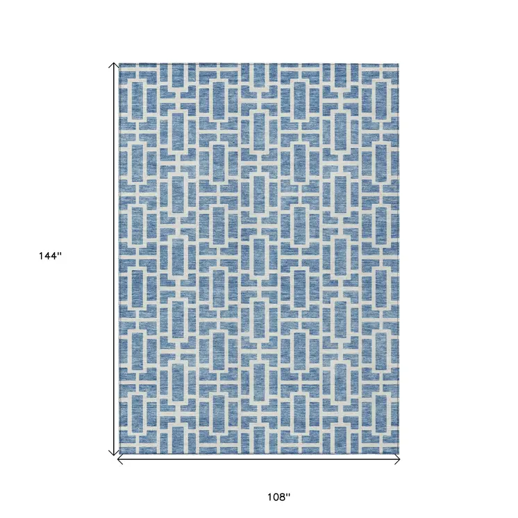 9' X 12' Denim Blue And Ivory Geometric Washable Indoor Outdoor Area Rug