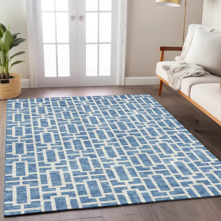 9' X 12' Denim Blue And Ivory Geometric Washable Indoor Outdoor Area Rug
