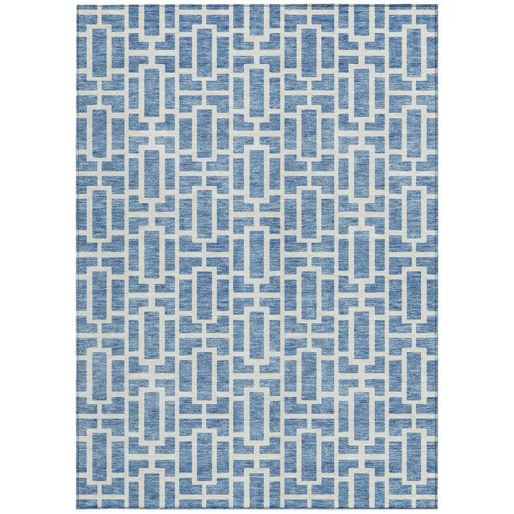 10' X 14' Denim Blue And Ivory Geometric Washable Indoor Outdoor Area Rug