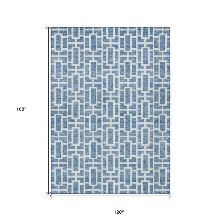 10' X 14' Denim Blue And Ivory Geometric Washable Indoor Outdoor Area Rug