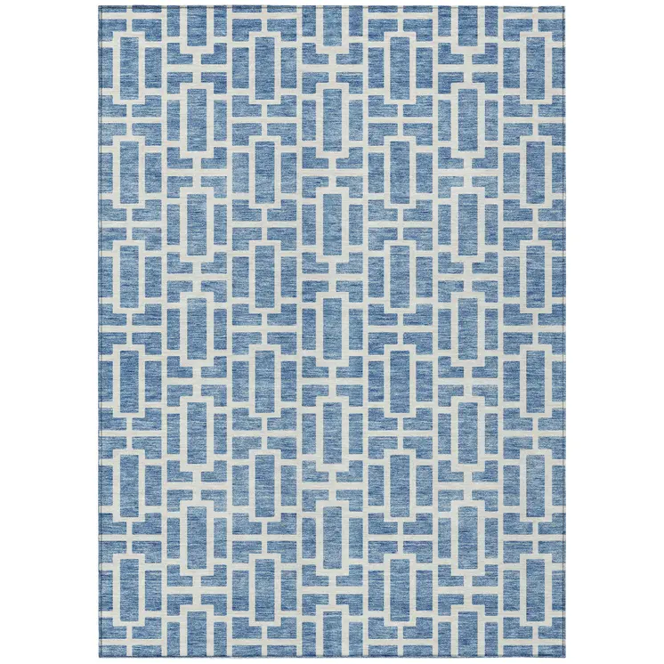 10' X 14' Denim Blue And Ivory Geometric Washable Indoor Outdoor Area Rug