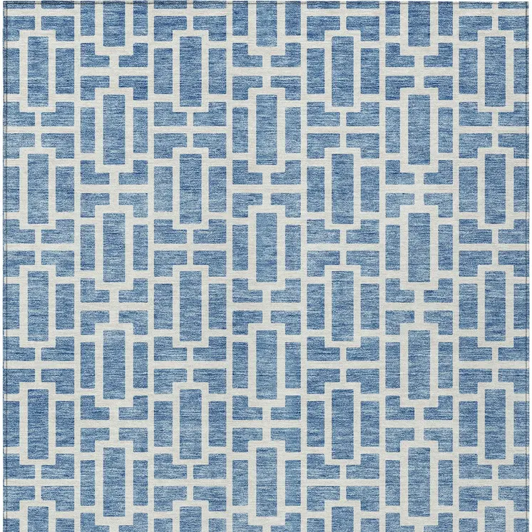 10' X 14' Denim Blue And Ivory Geometric Washable Indoor Outdoor Area Rug