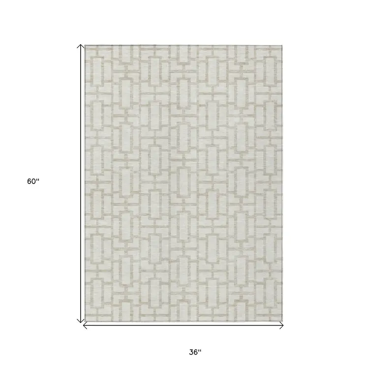 3' X 5' Ivory And Beige Geometric Washable Indoor Outdoor Area Rug
