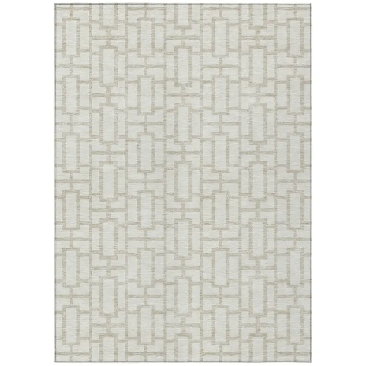 9' X 12' Ivory And Beige Geometric Washable Indoor Outdoor Area Rug
