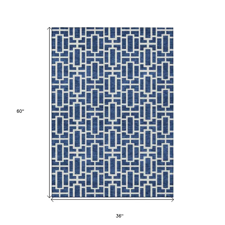 3' X 5' Navy Blue And Ivory Geometric Washable Indoor Outdoor Area Rug