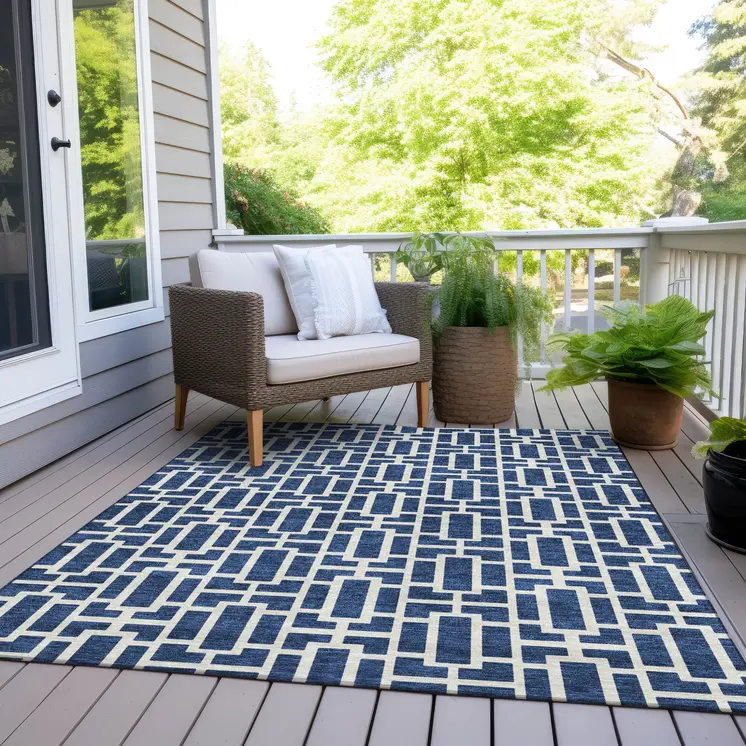 3' X 5' Navy Blue And Ivory Geometric Washable Indoor Outdoor Area Rug