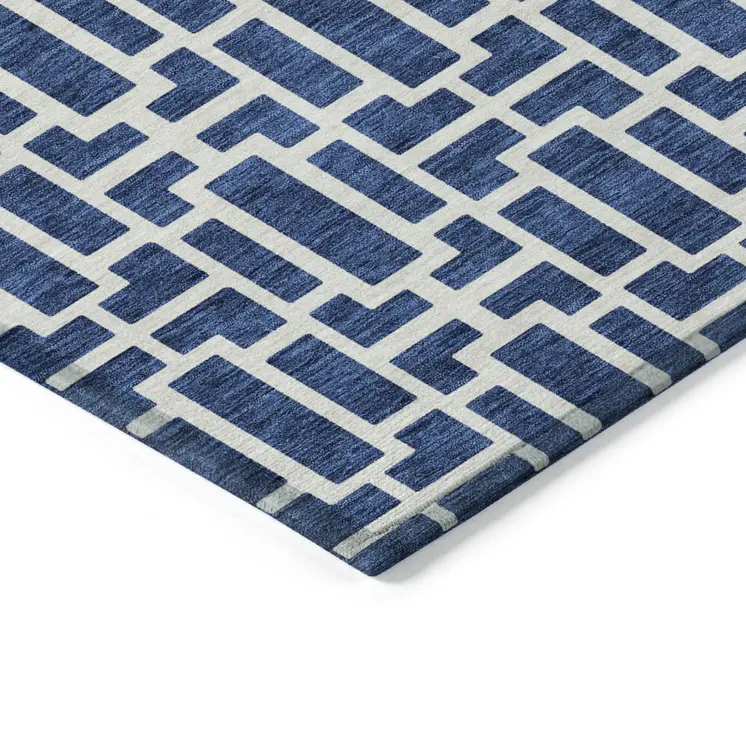 3' X 5' Navy Blue And Ivory Geometric Washable Indoor Outdoor Area Rug