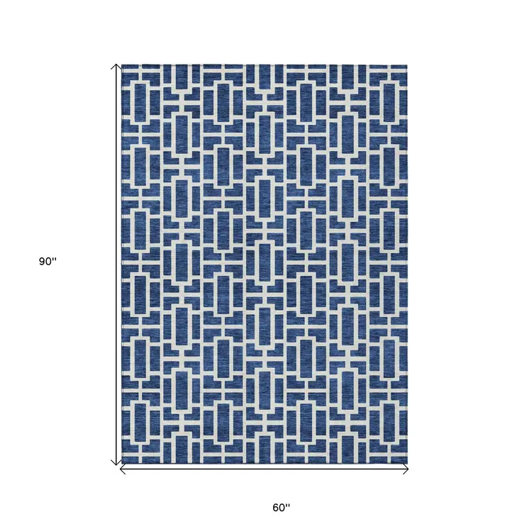 5' X 8' Navy Blue And Ivory Geometric Washable Indoor Outdoor Area Rug