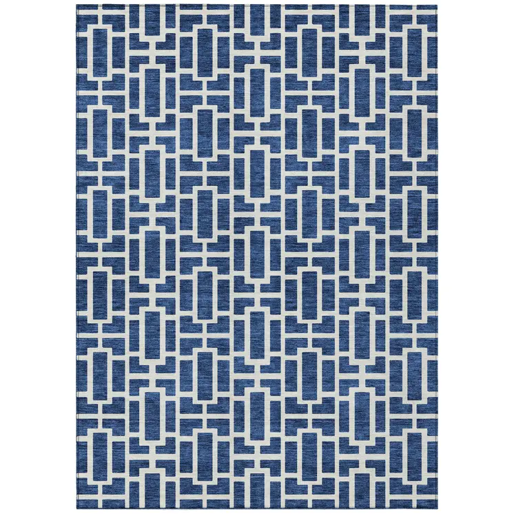 5' X 8' Navy Blue And Ivory Geometric Washable Indoor Outdoor Area Rug