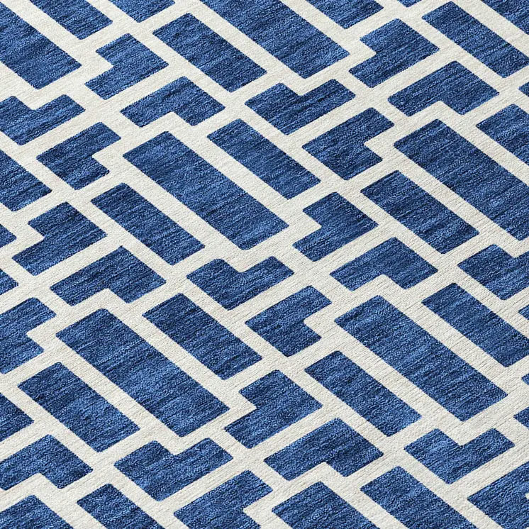 8' Navy Blue And Ivory Round Geometric Washable Indoor Outdoor Area Rug