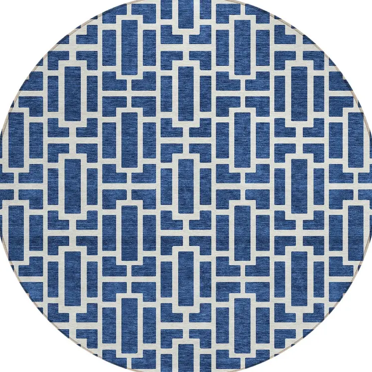 8' Navy Blue And Ivory Round Geometric Washable Indoor Outdoor Area Rug